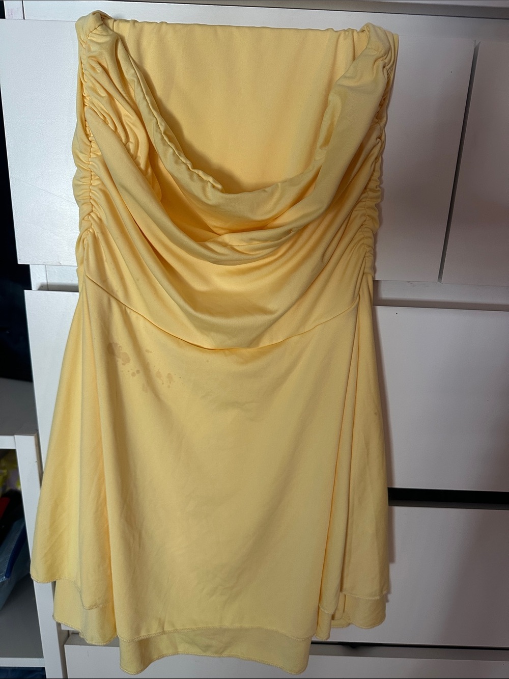 Yellow Draped Strapless Women's Dress